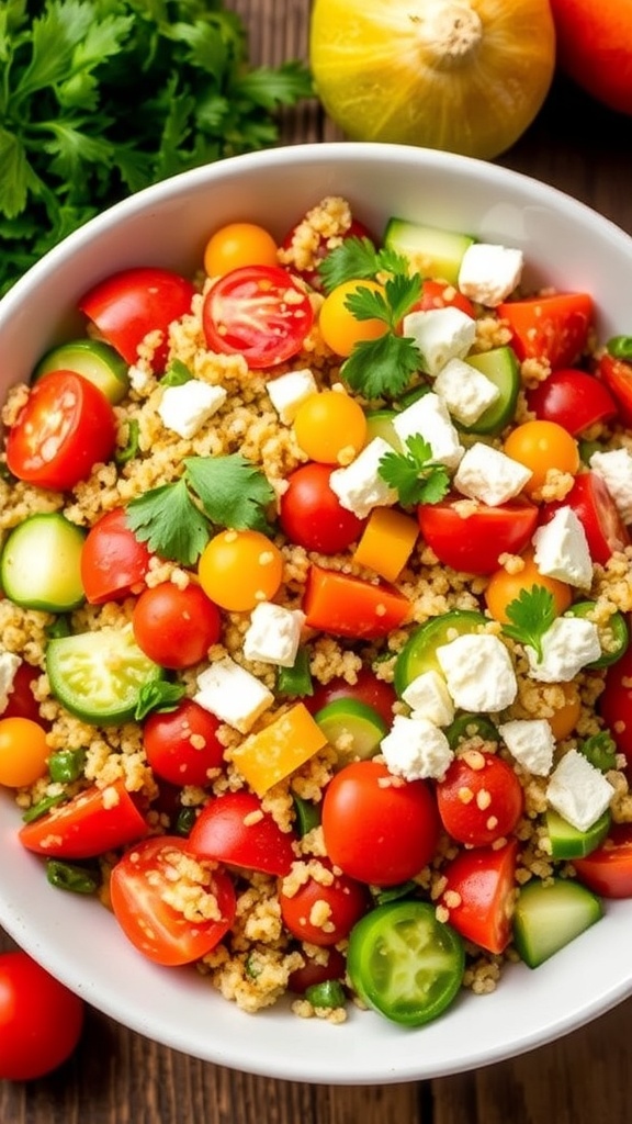 One Bowl Quinoa Salad Recipe A colorful quinoa salad with cherry tomatoes, bell peppers, cucumbers, and feta cheese in a bowl on a wooden table.